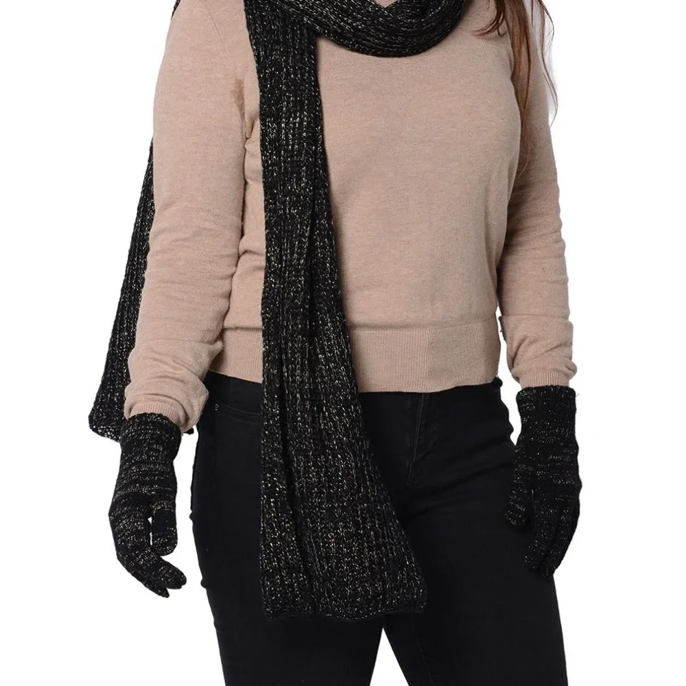 Black Golden Knitted Scarf and Gloves